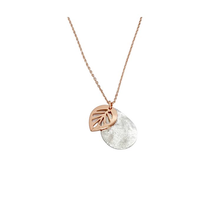 Our Olive Necklace - Rose Gold Leaf on Silver Teardrop for wholesale by Madella Designs