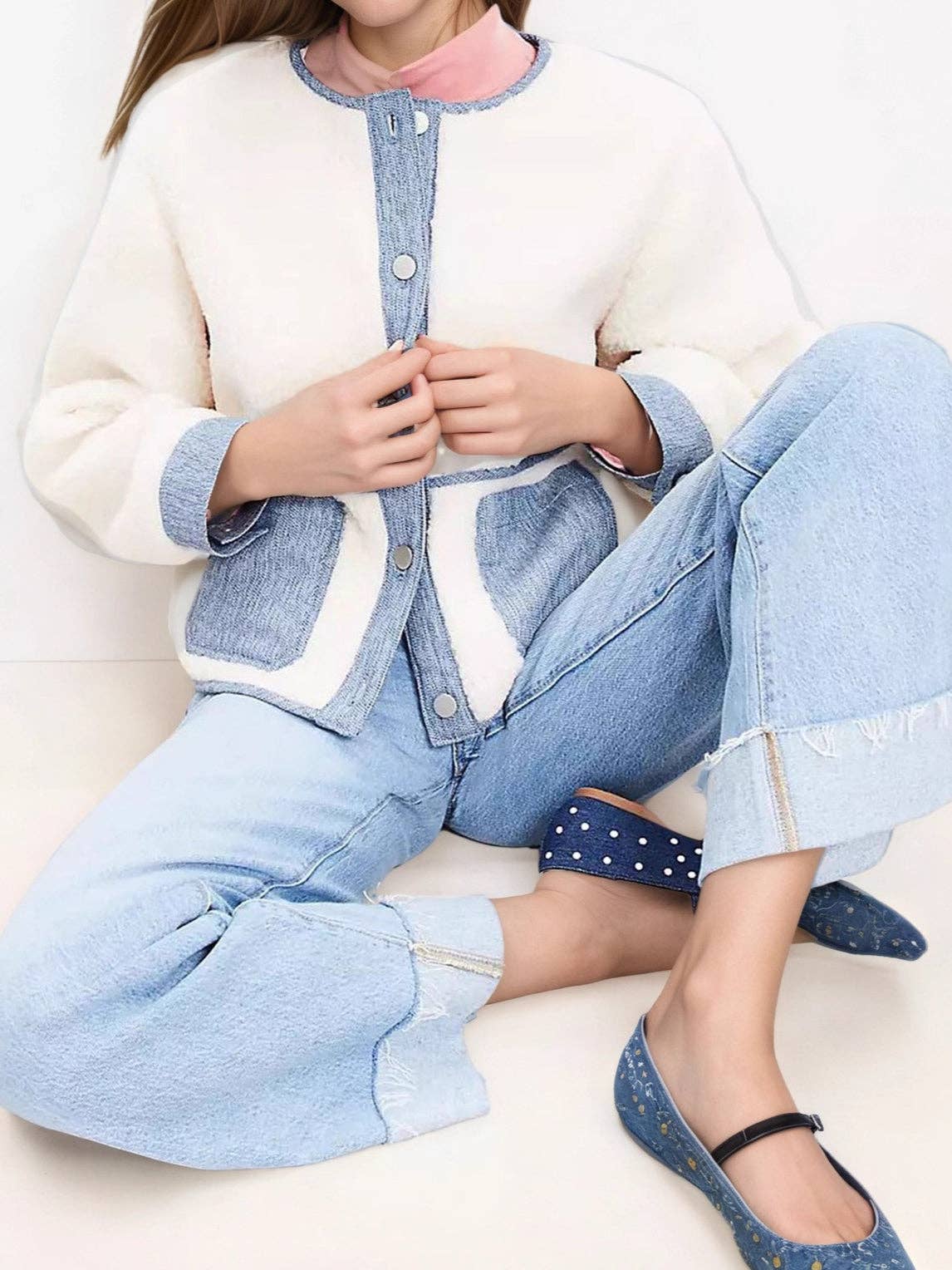 White Color Block Sherpa Jacket Women Design Round Neck N5A088 for wholesale on Faire3