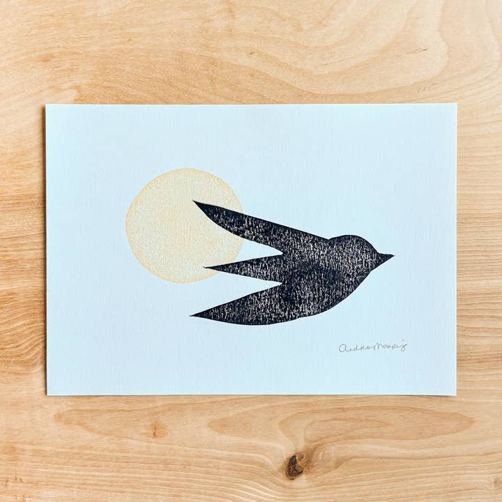 "Fly Over" Handmade Linocut Print for wholesale by Andrea Morris Photography