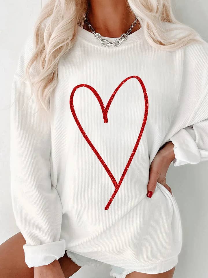 White Glittering Heart Printed Corded Valentines Pullover Sweatshirt for wholesale by Lovesoft