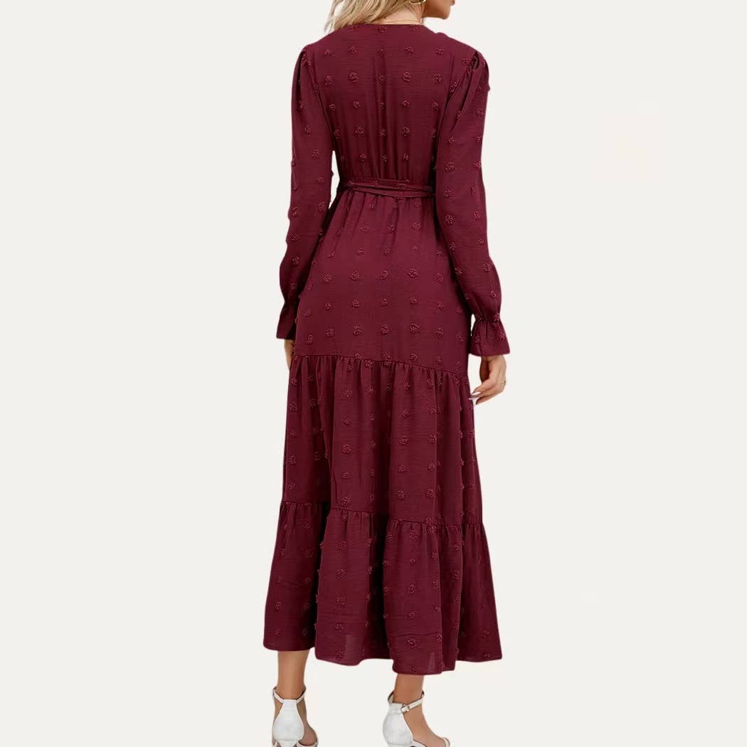 The Moment Collection – wholesale Dress – Women's – Classic Swiss Dot Surplice Neck Long Sleeve Maxi Dress2