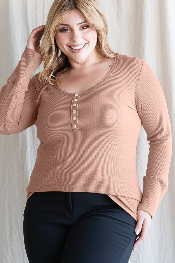 7th Ray - Wholesale Knit Top - Women's - [PLUS SIZE] Thermal Button Front Scoop Neck Top T4316XL14