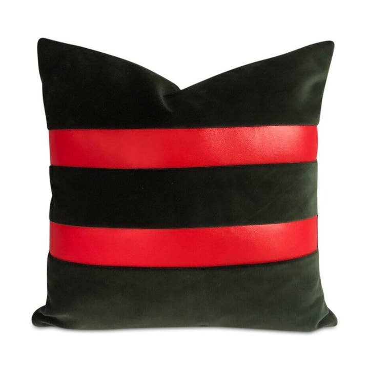 Contemporary handmade green emerald velvet with two red vinyl stripes on one side. 16” x 16” inches for wholesale by Magic Hill - Mercantile