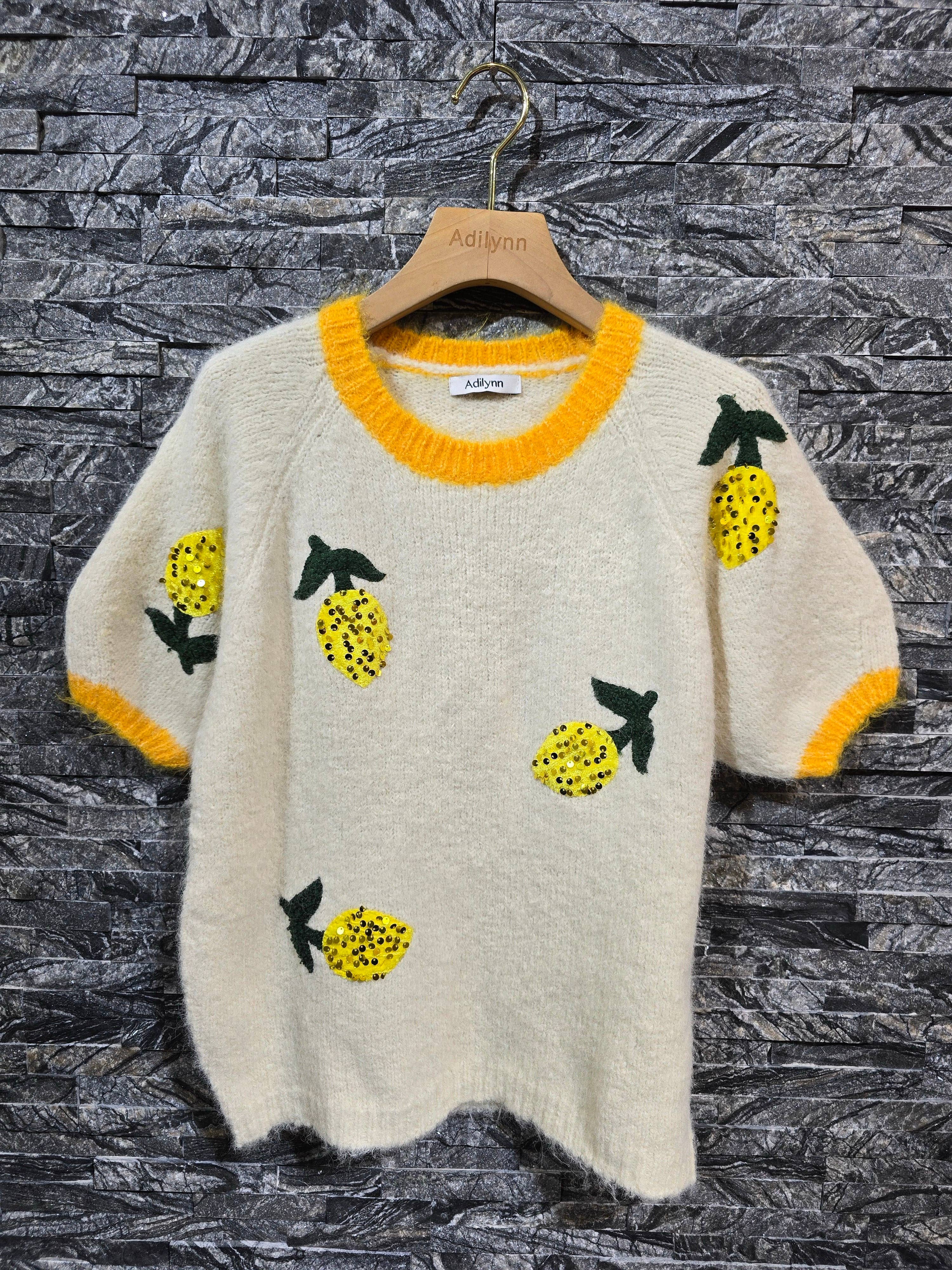 Ecru Knit sweater with lemon embroidery and sequins PT10043 for wholesale on Faire