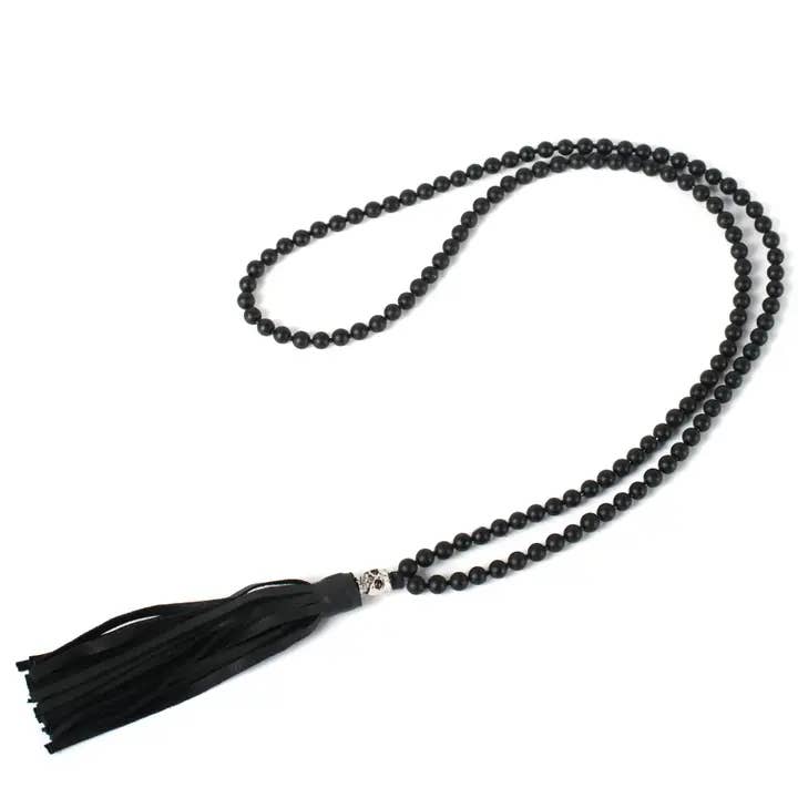Black Onyx Beaded Tassel Necklace Leather Fringe Pendant for wholesale by The Dark