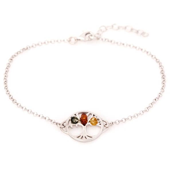 Veelkleurige amberkleurige armband met levensboom, sterling zilver, 925, 18+3 cm voor wholesale door OPALOOK France