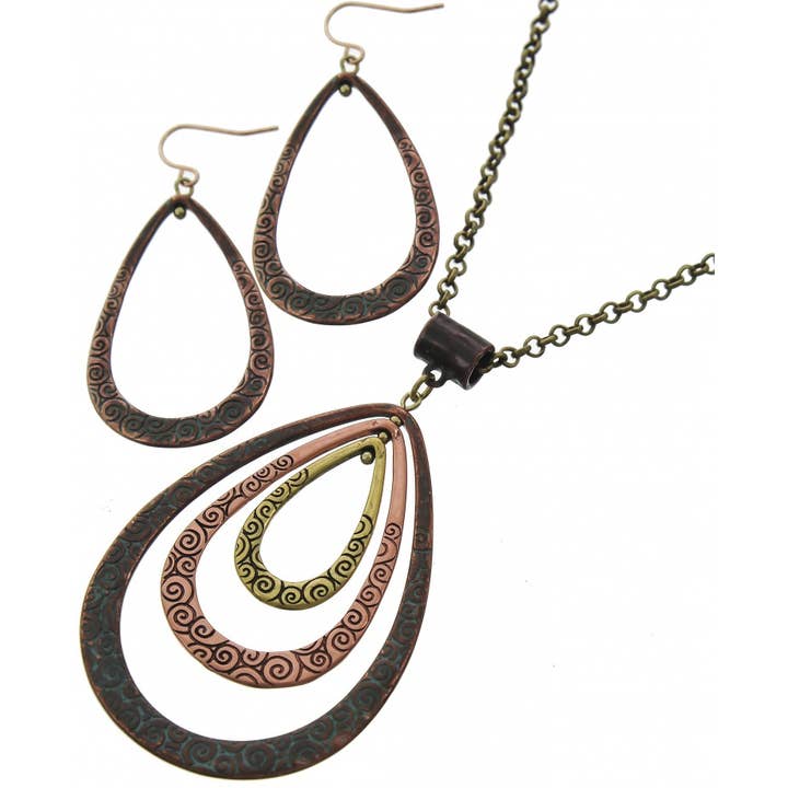 FR5742 Patina Layered Triple Filigree Teardrop Necklace Set for wholesale by 0011 PREMIERE