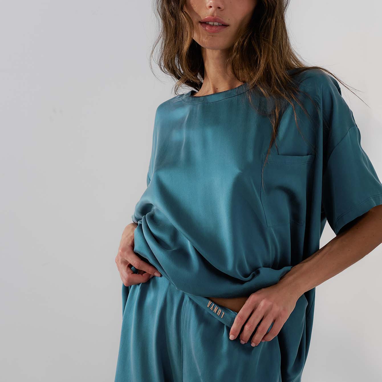 Pikant Teal Vaskbar Silke Tee Pant Set for engroshandel på Faire3