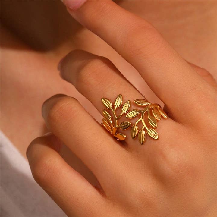 Plush Looks - Wholesale Cocktail/Statement Ring - Stainless Steel Leaf Design Open Ring