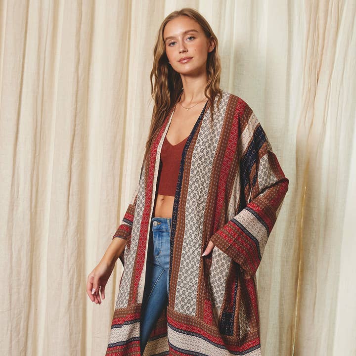 Kimono long à rayures ethniques FJ7150 pour la vente par Dress Forum