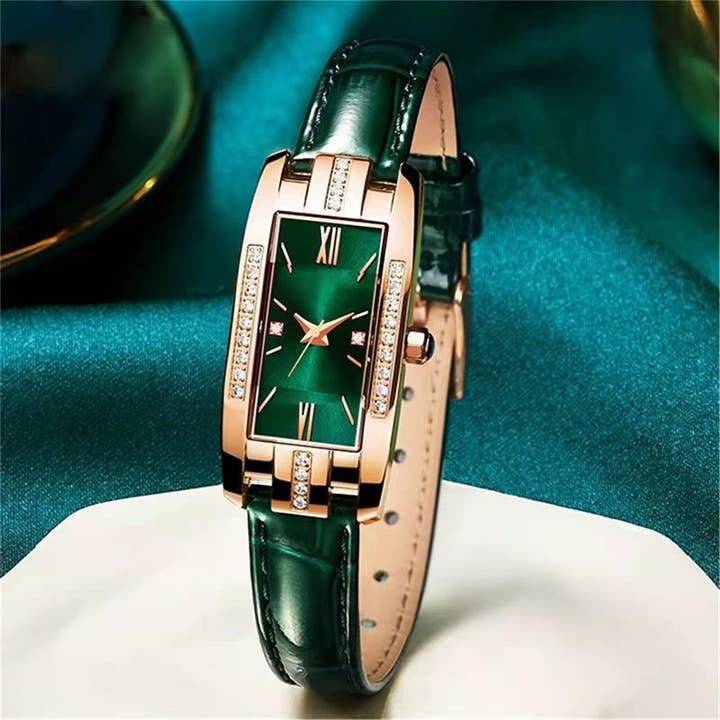 Naomi's Happy Place Shop - Wholesale Wrist watch – Women's - Women's Watches Fashion Square Ladies Quartz Watch Bracelet Set Green Dial Simple Leather Luxury Women Watches4