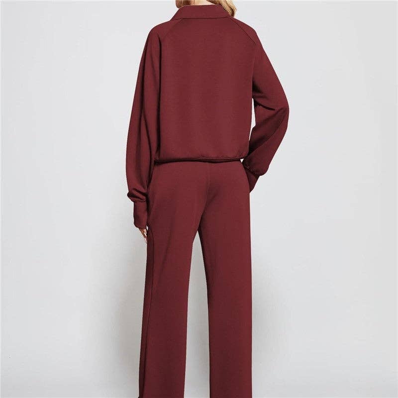 UZ Wholesale Store – wholesale Mjukisset – Dam – Set med halvzip-tröja i ren färg och joggers med vida ben2