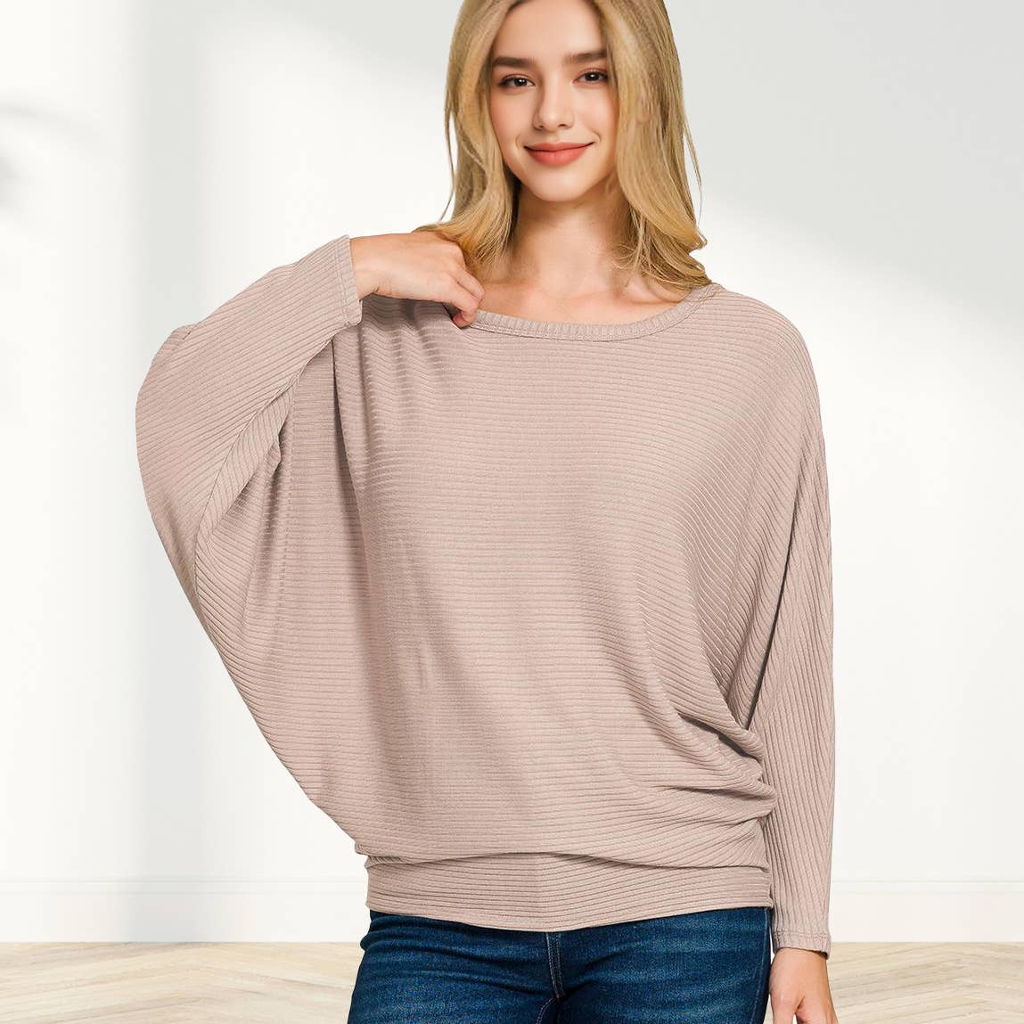 42POPS - Wholesale Knit Sweater - Women's - `.Ribbed Batwing Long Sleeve Boat Neck Sweater6
