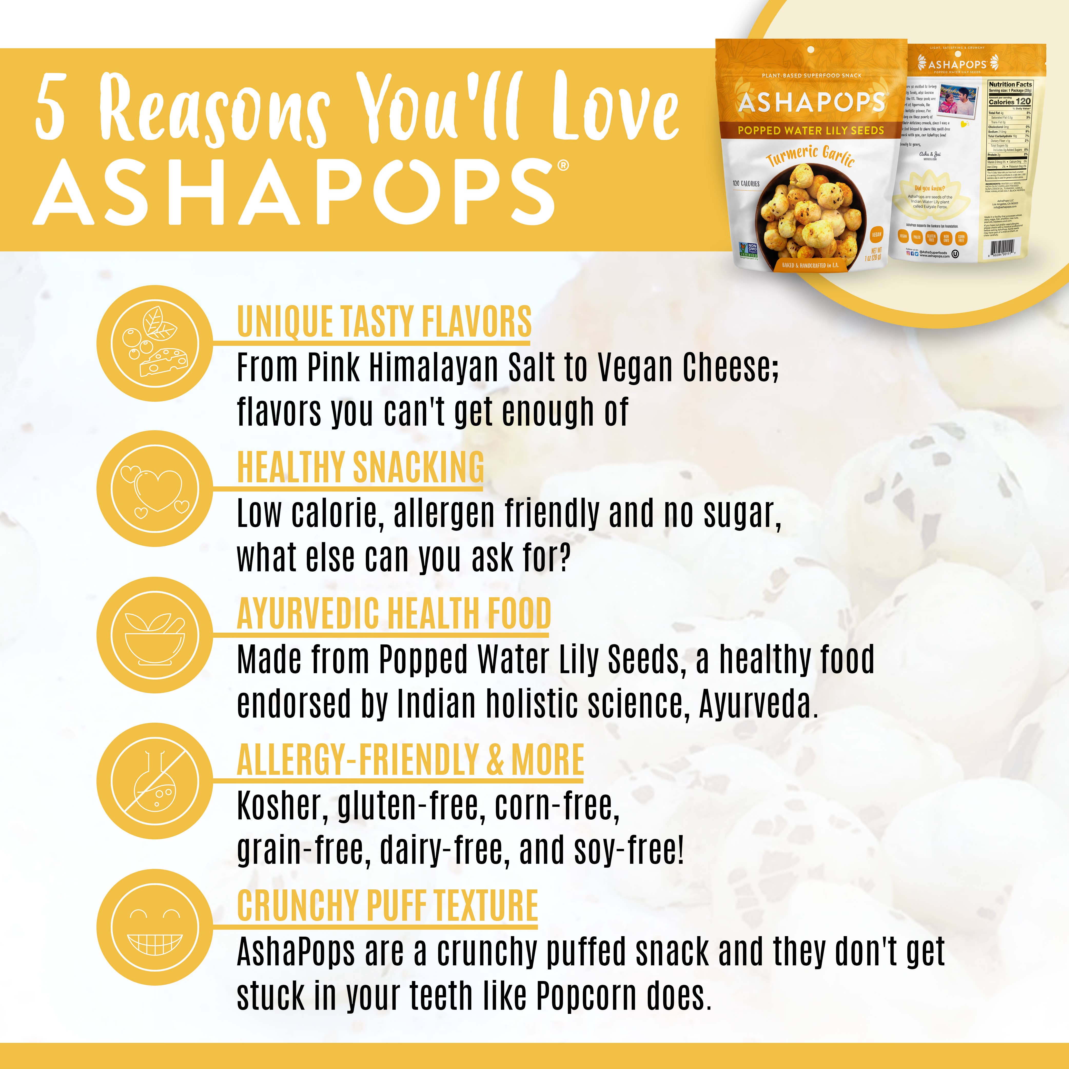 AshaPops - Wholesale Puffed Snack - 1oz Turmeric - AshaPops Popped Water Lily Seeds2