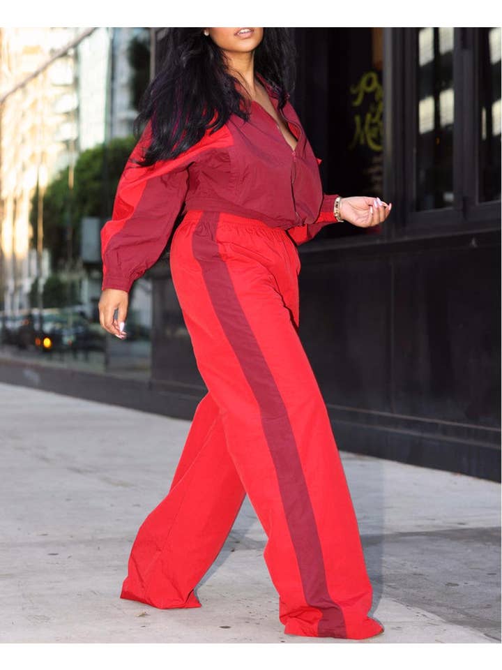 Red Sports long-sleeved zippered sweatshirt & pants set for wholesale on Faire4