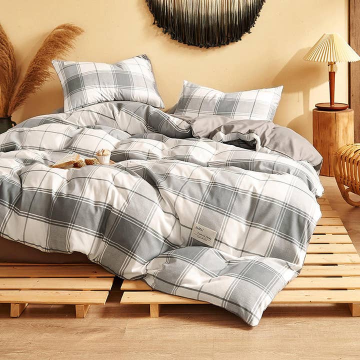Buffalo Plaid Bettbezug-Set, Aschgrau, kariert, Matratzenbezug, karierte Pastell-Bettwäsche für den Großhandel von daintyduvet