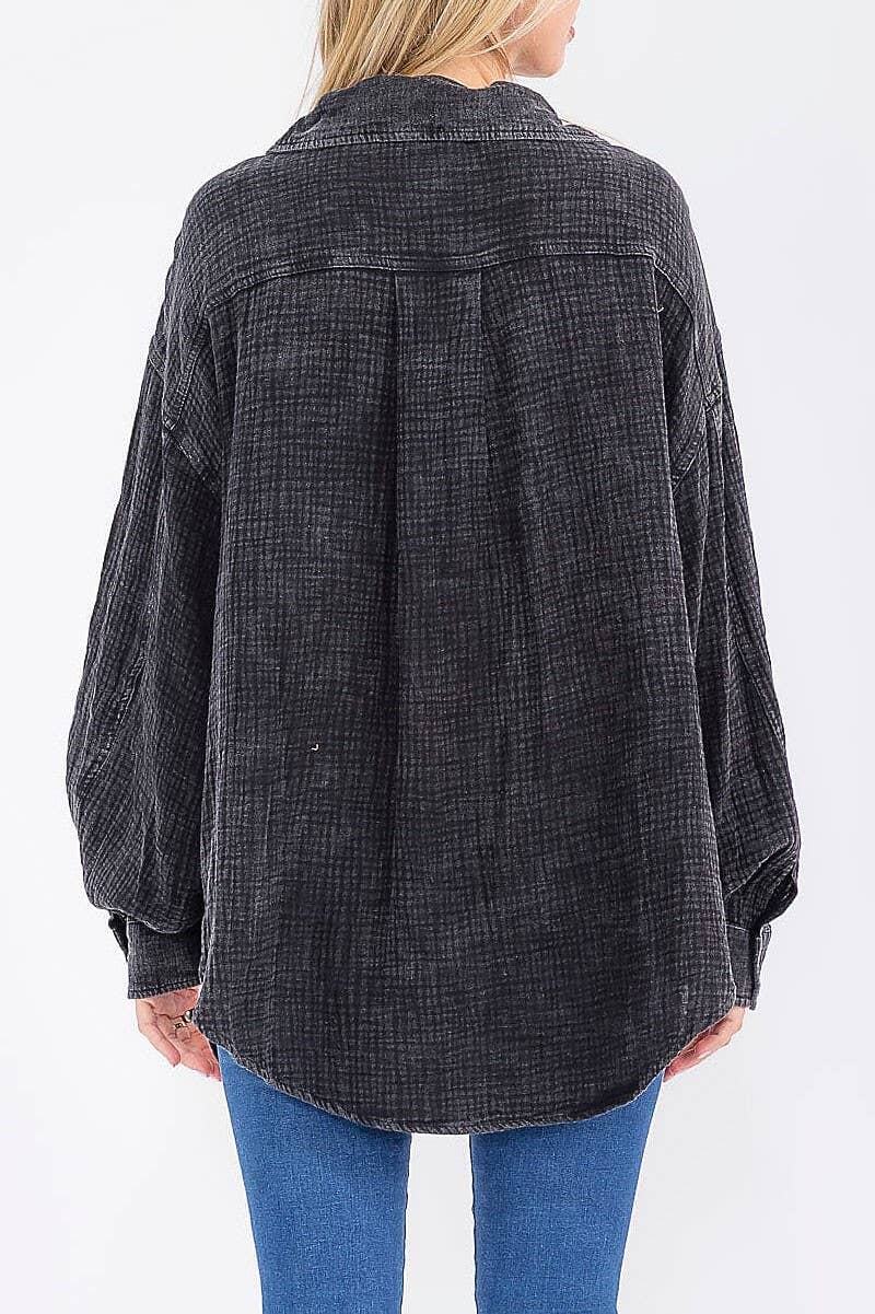 ROUSSEAU - Wholesale Button Down Shirt - Women's - BUTTON UP FRONT POCKETS WASHED OVERSIZED SHIRT6