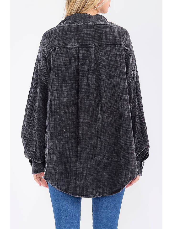 ROUSSEAU - Wholesale Button Down Shirt - Women's - BUTTON UP FRONT POCKETS WASHED OVERSIZED SHIRT6