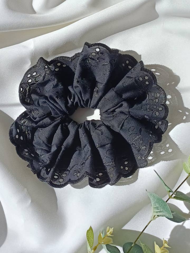 XL Black Broderie Anglaise Scrunchie with lace for wholesale by Elves and Fairies