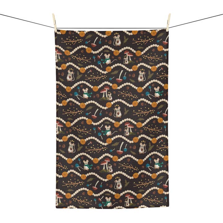 Joymark Studio - Wholesale Tea Towel - Velvet Woodland Kitchen Tea Towel with Mice and Mushrooms0