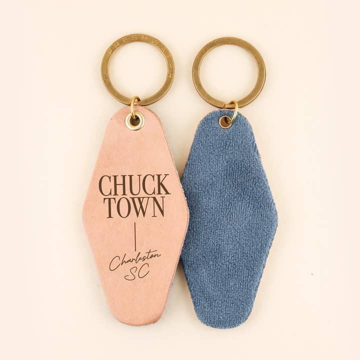 Custom Your City Nickname Hotel Leather Keychain for wholesale by Freshwater Curated Goods