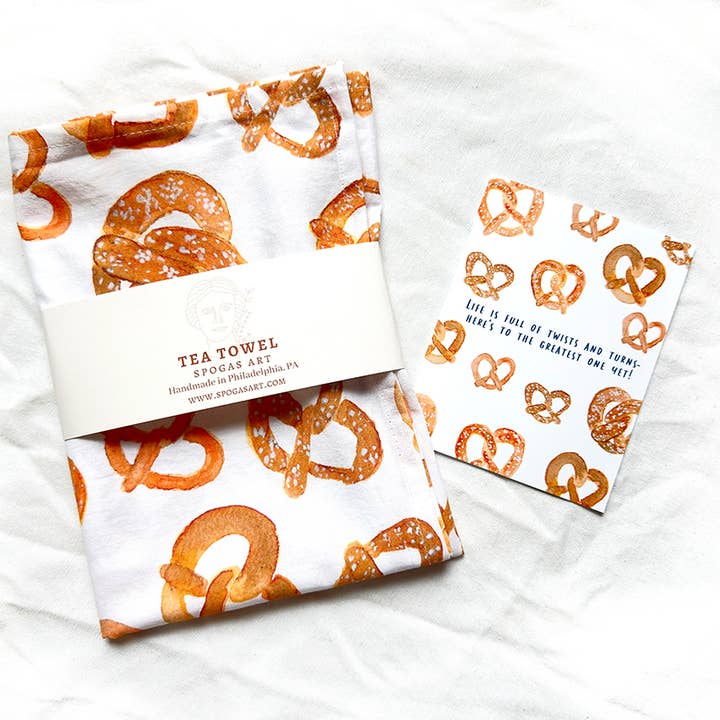 S Pogas Art - Wholesale Tea Towel - Watercolor Pretzel Kitchen Tea Towel - 100% cotton 1