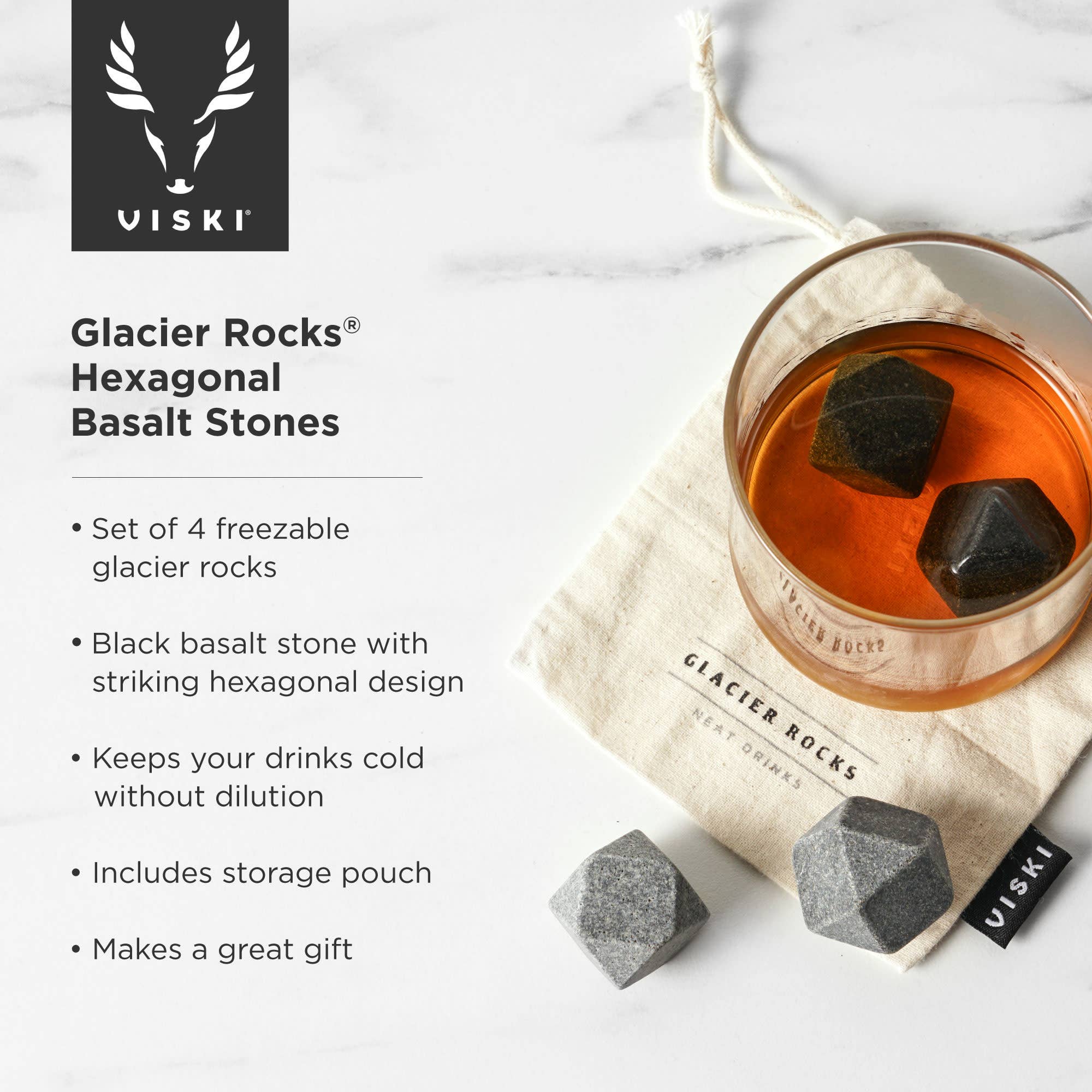 Viski - Wholesale Drink Chilling Cubes - Glacier Rocks® Hexagonal Basalt Rock Ice Stones Set of 44