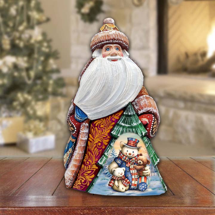 American-style Snowman Santa Wood Carved Figurine for wholesale by G.DeBrekht Artistic Studios