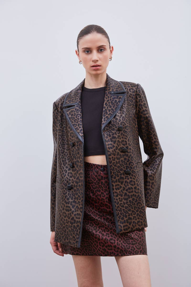 Brown Leopard faux leather blazer jacket with black trim for wholesale on Faire0