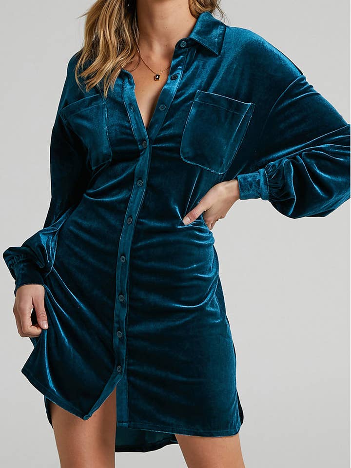 DE VAVE - Wholesale Dress - Women's - Velvet Button-Up Shirt Dress