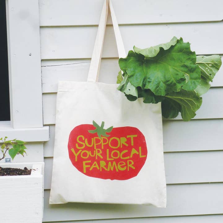 canvas Tote Bag Tomato design support your local farmer for wholesale by Glad Dog Cards