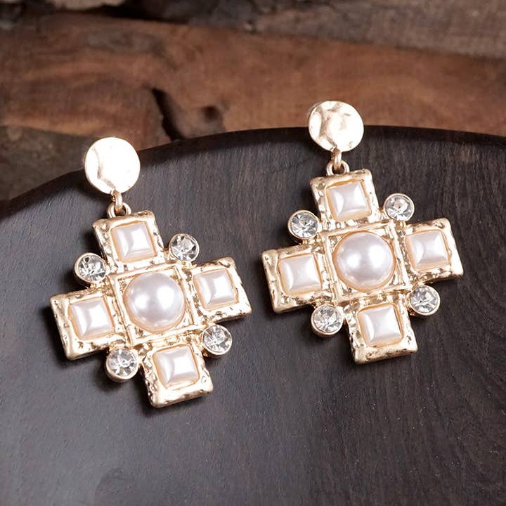 Heavenly Sparkle – Gold Cross Dangle Earrings with Pearls and Crystals for wholesale by PennyLine inc