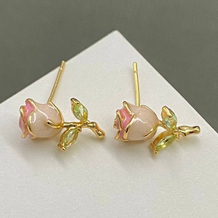 Enamel Rose Flower Ear Studs for wholesale by Mio Queena