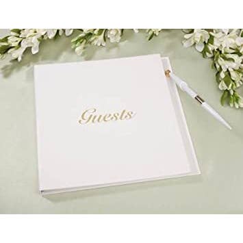White & Gold Guest Book with Pen for wholesale by Tremont Floral Supplies