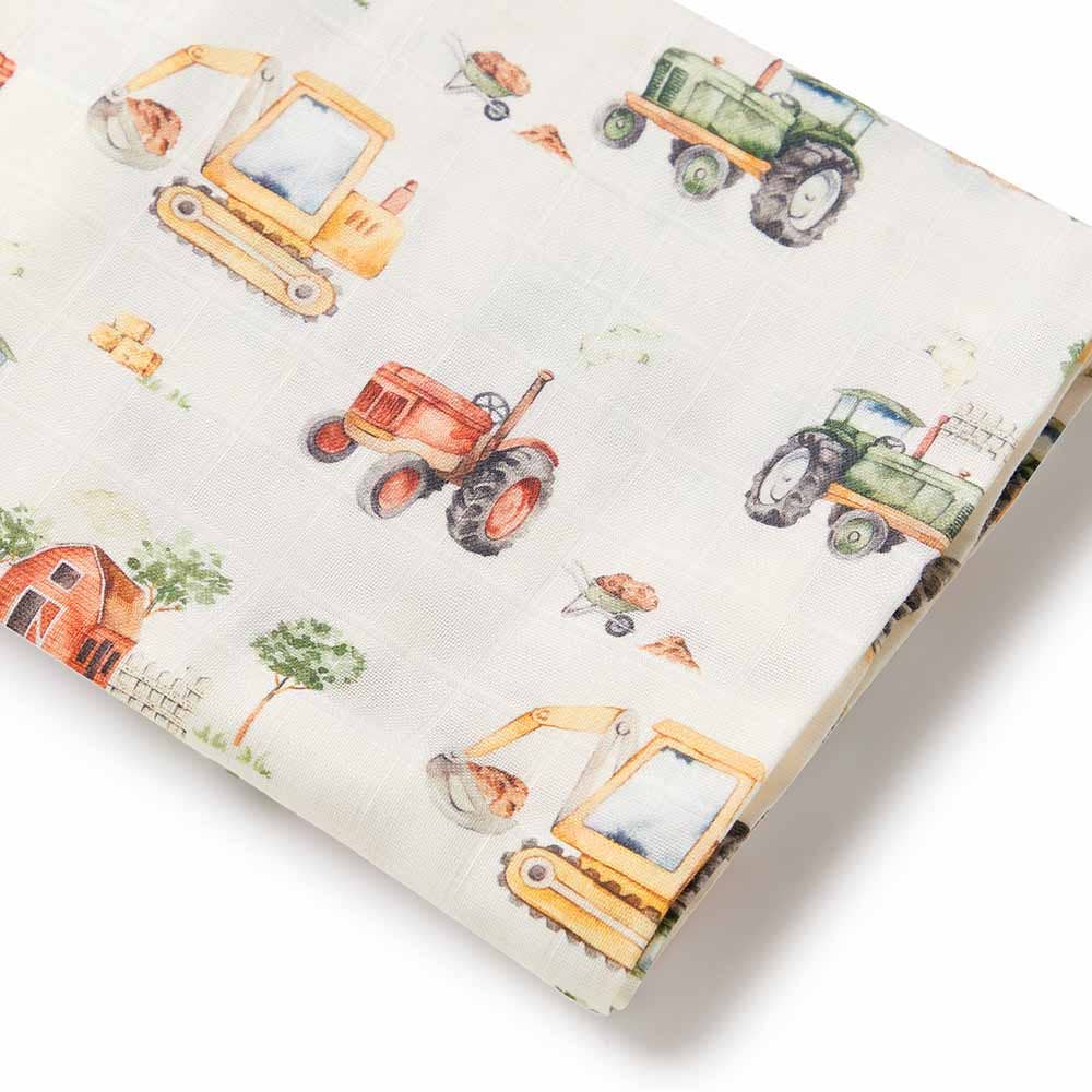 Snuggle Hunny - Wholesale Swaddle - Baby - Diggers & Tractors Organic Muslin Wrap1