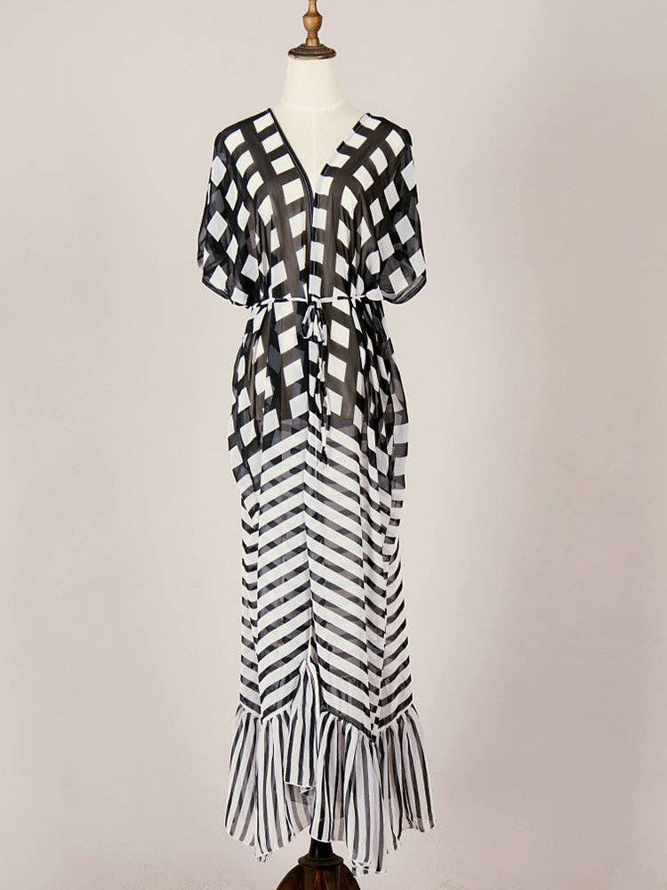 StyleGalX – wholesale Kimono - Dam – Tryckt svart färg chiffong lång klänning Kimono Duster Robe0