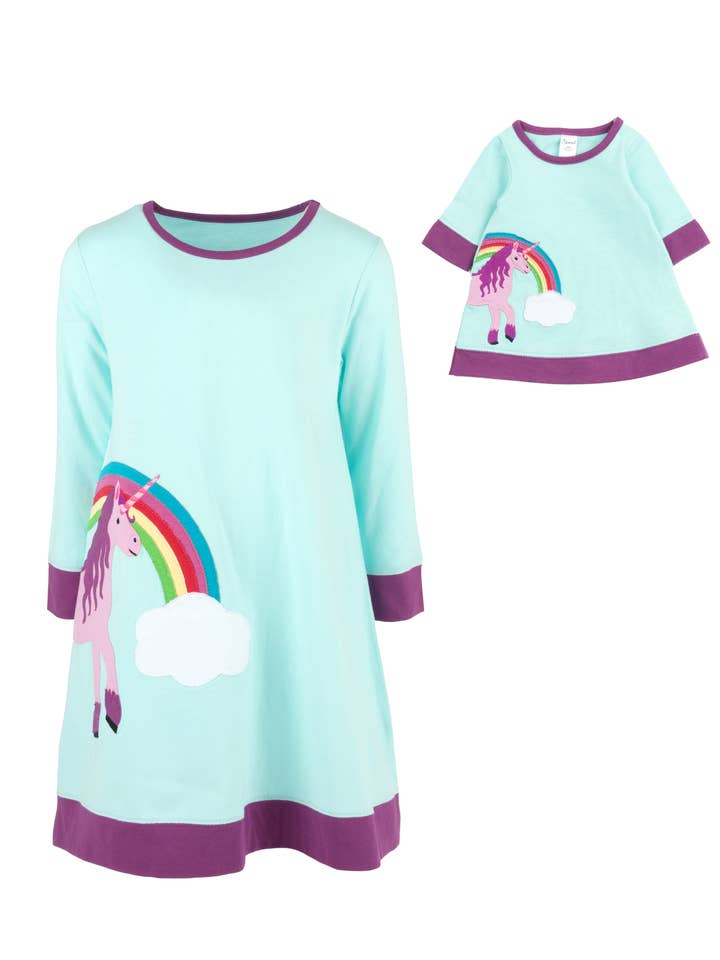 Kids Girl & Doll Cotton Aqua Unicorn Dress Back to School for wholesale by Leveret Pajamas
