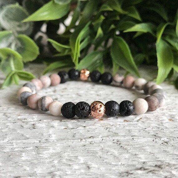 REMOVED BRAND – wholesale Pärlarmband – Rosa Zebra Jasper + Rose Gold + Lava Rock bead armband1