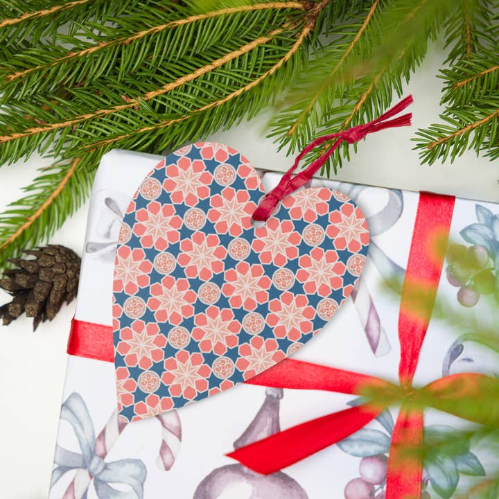 Wooden Holiday Ornaments - Geometric Arabesque Mashup in Pink for wholesale by The Shamal