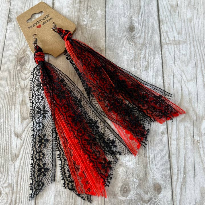 Open Window Studios - Wholesale Tassel Earrings - Halloween Lace Tassel Earrings Red and Black