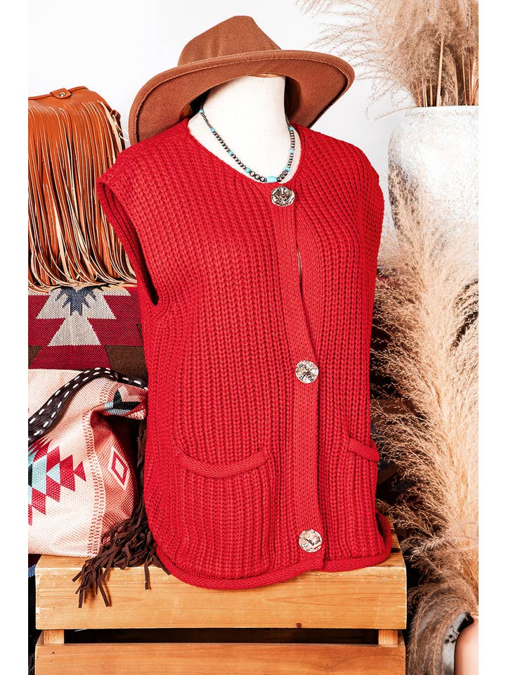 fashionworks - Wholesale Sweater Vest - Women's - Fashion-W Textured Knit Side Pockets Button Sweater Vest
