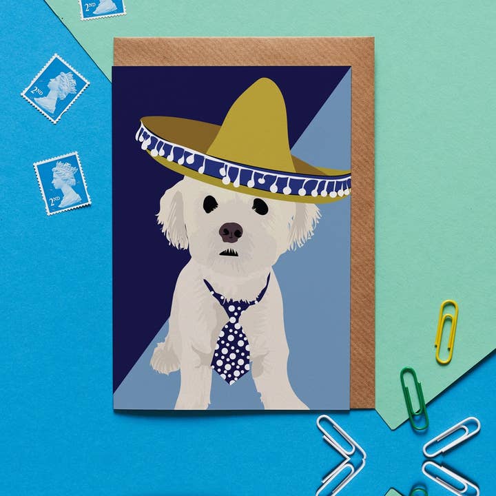 Alfie fluffy Bichon Frise dog with tie greeting card for wholesale by Lorna Syson