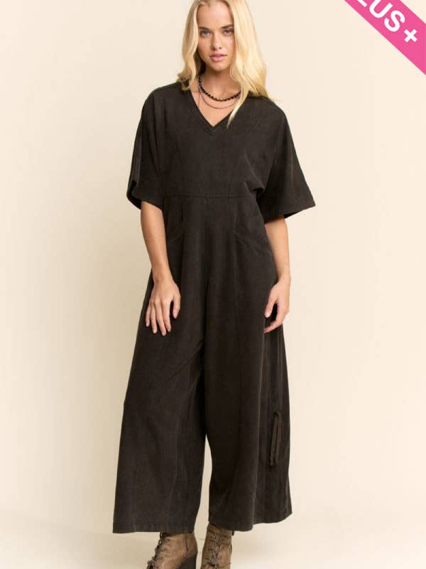 Davi & Dani - Wholesale Jumpsuit - Women's - PLUS GARMENT PANTS V NECK SHORT SLEEVE JUMPSUIT11
