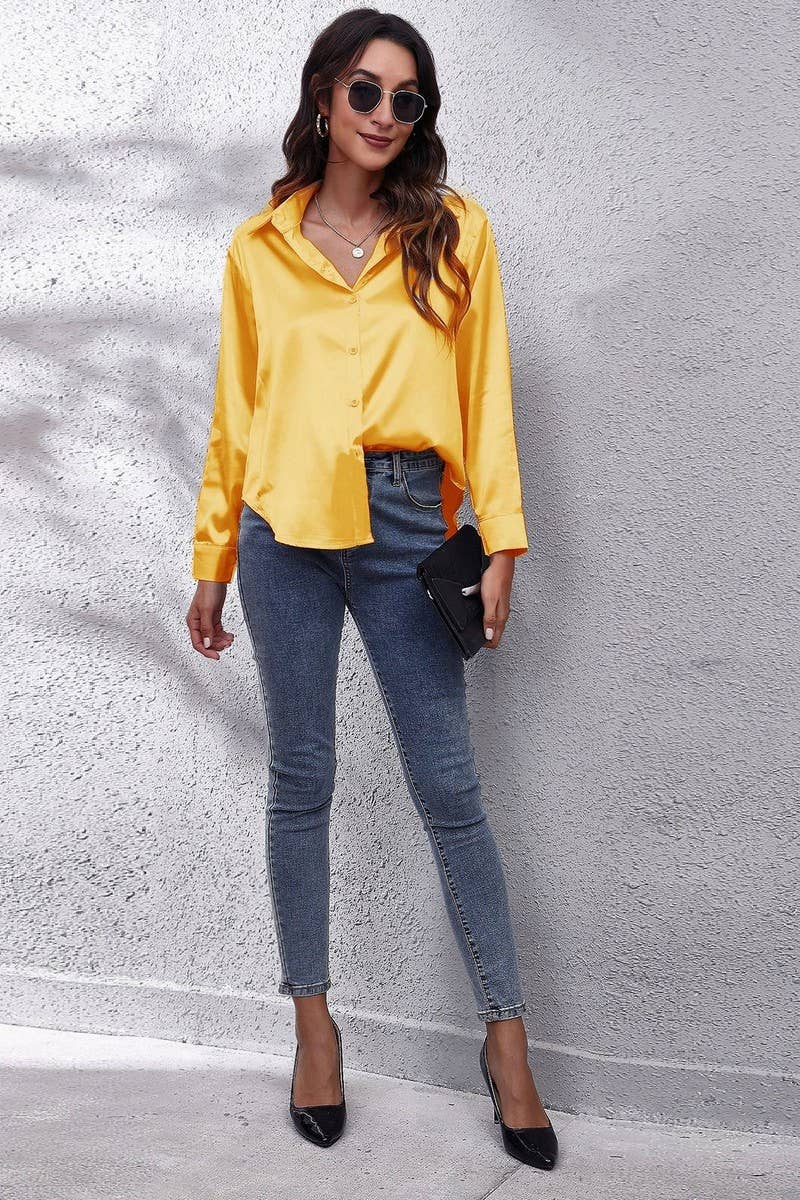 NINEXIS - Wholesale Button Down Shirt - Women's - CWTBLL0691_Button Down Silky Satin Long Sleeve Top45