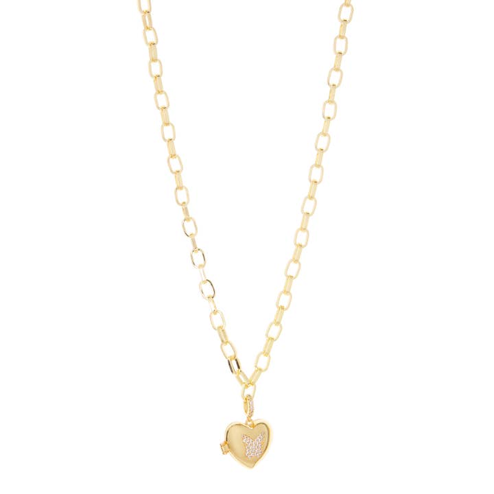 puffed heart cz butterfly locket necklace for wholesale by Marlyn Schiff