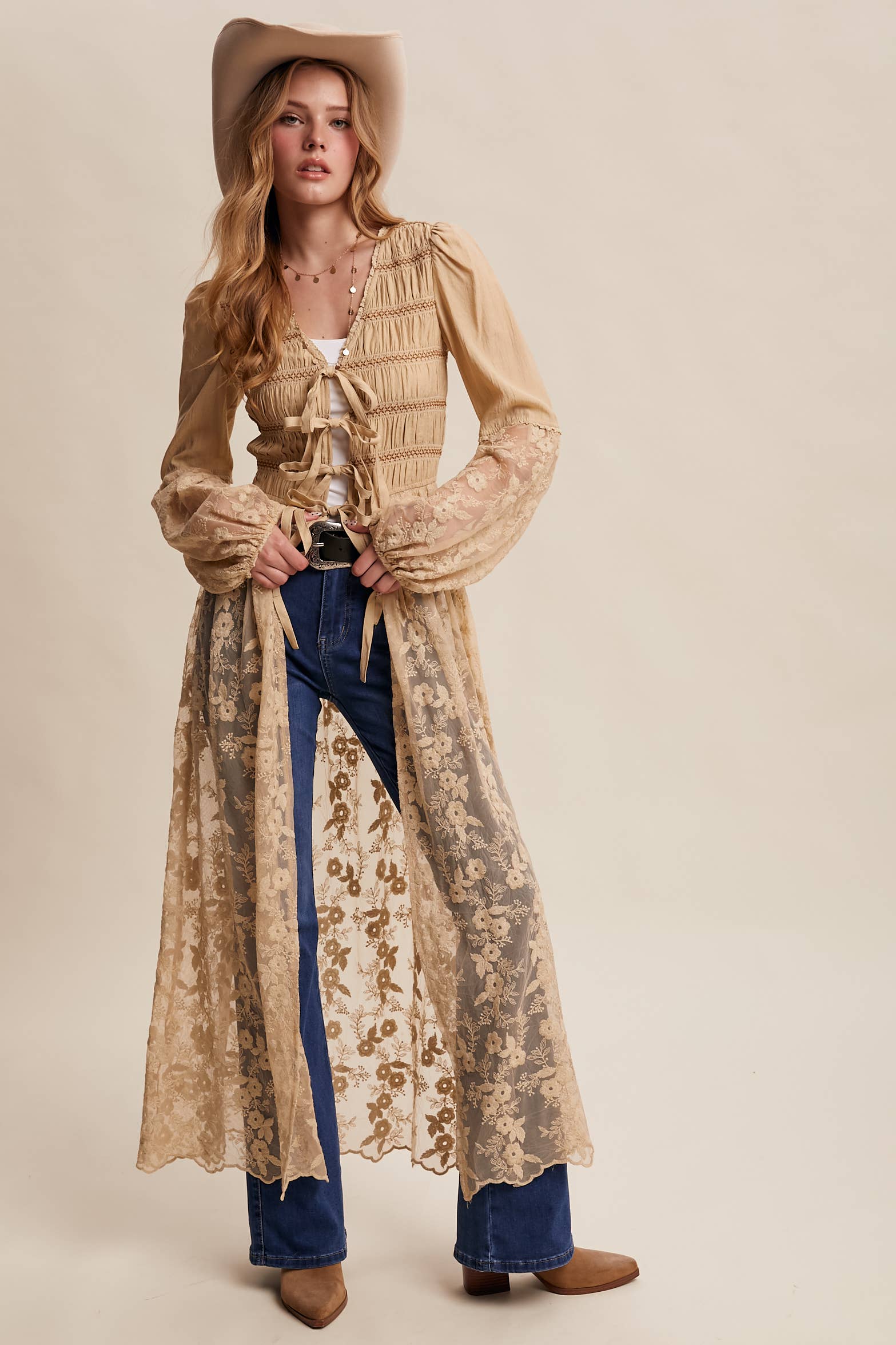 Listicle - Wholesale Kimono - Women's - Lace-Up Embroidered Maxi Kimono LJ02611