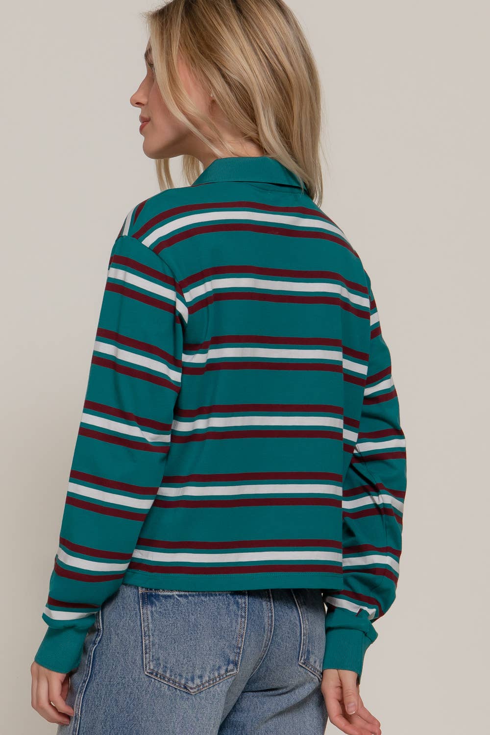 Active Basic | Active USA - Wholesale Polo - Women's - Long Sleeve Multi Stripe Polo Top5