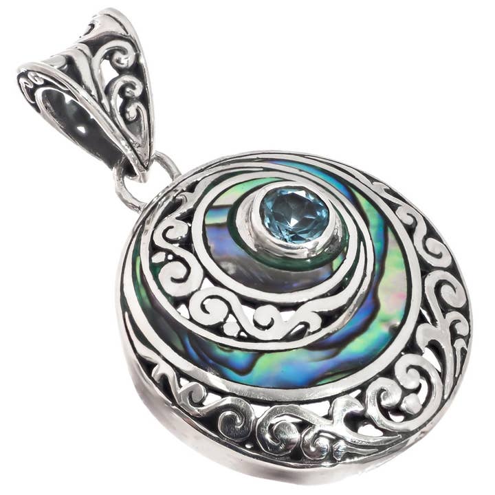 925 silver paua handgjord bali filigran rullverk kon snäckdesign hänge, 2" för wholesale av FifiRose