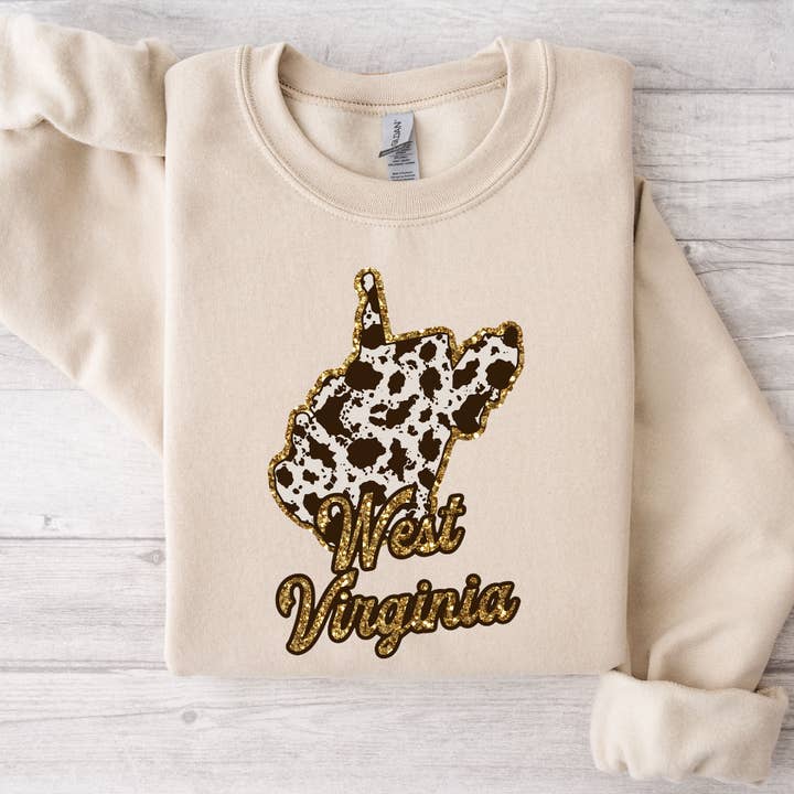 West Virginia Cow Print State Sweatshirt for wholesale by Hello Gorgeous Apparel