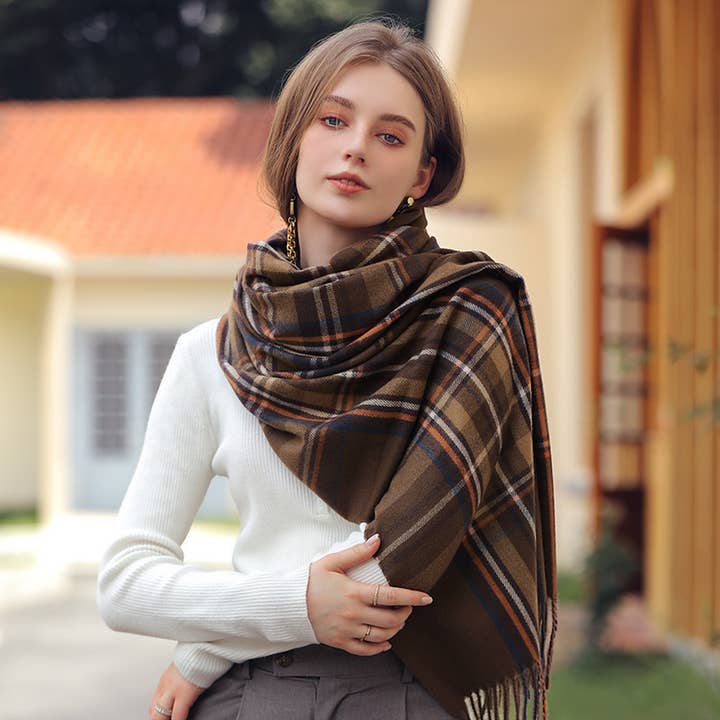 ACCITY - Wholesale Scarf - Women's - WINTER LENGTH PLAID SCARVES FRINGE SHAWL SCARF_CWASC0186